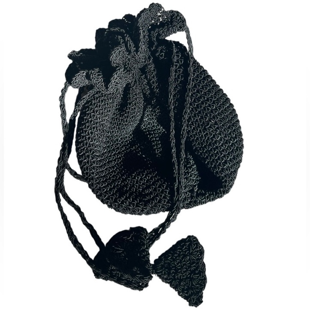 BLACK crochet drawstring Bag. Preowned in good condition.